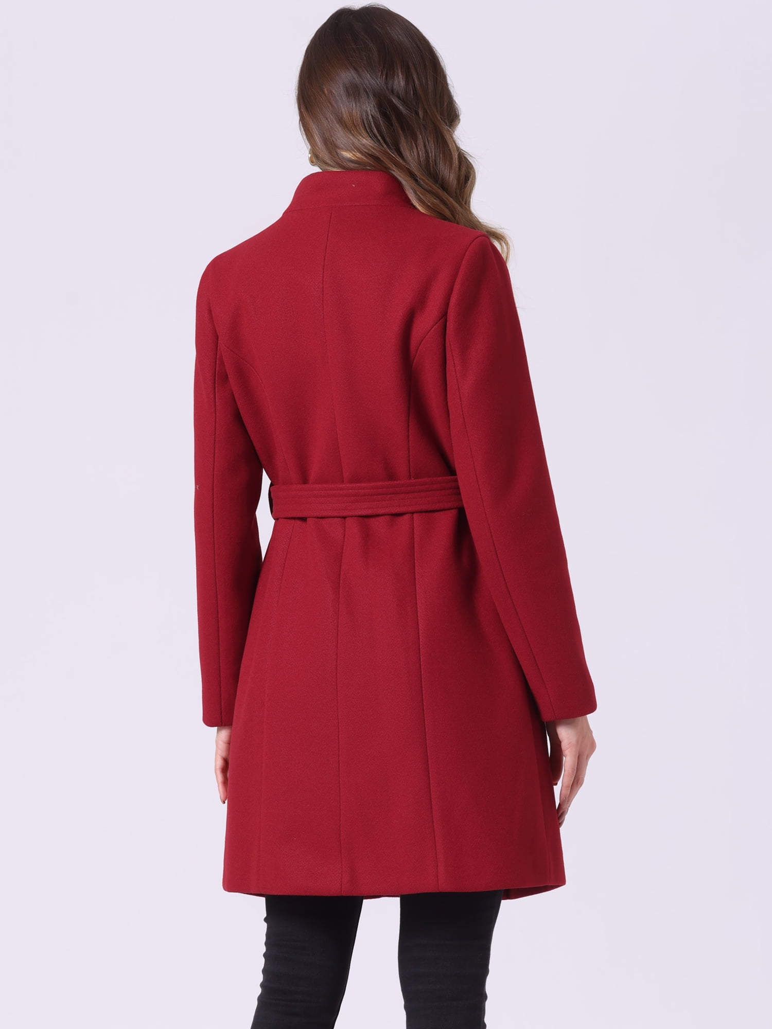 DARING DIVA Women's Vintage Belted Coat Stand Collar Winter Outwear Coats Dark Red M