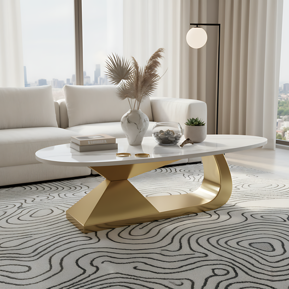 SESSLIFE Modern Coffee Table with Sintered Stone Top and Stainless Steel Base, Elegant Oval Design for Living Room, Scratch-Resistant and Heatproof, Gold