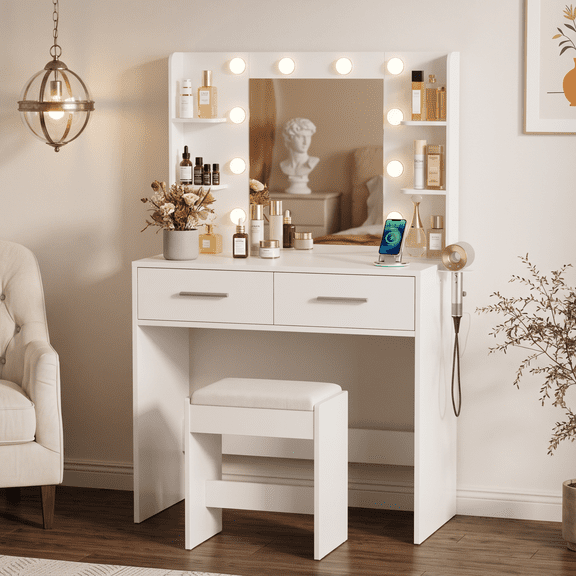 Homall Makeup Vanity Set with Mirror & Stool, Vanity Desk with LED Lights & Fast-Charging Outlet, Vanity Table for Bedroom Dressing Room, White