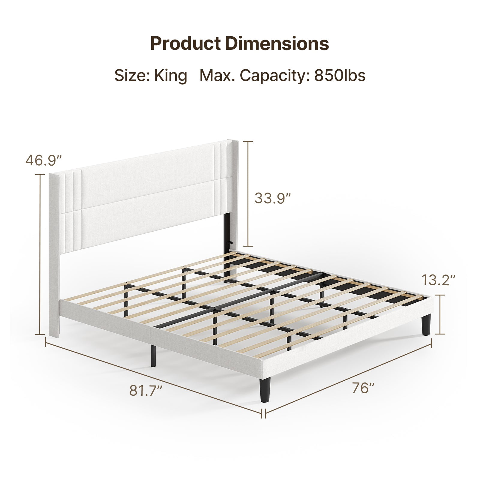 King Platform Bed Frame with Wingback Headboard, Wood Slat Support, Noise-Free, No Box Spring Needed, 850 lbs, White