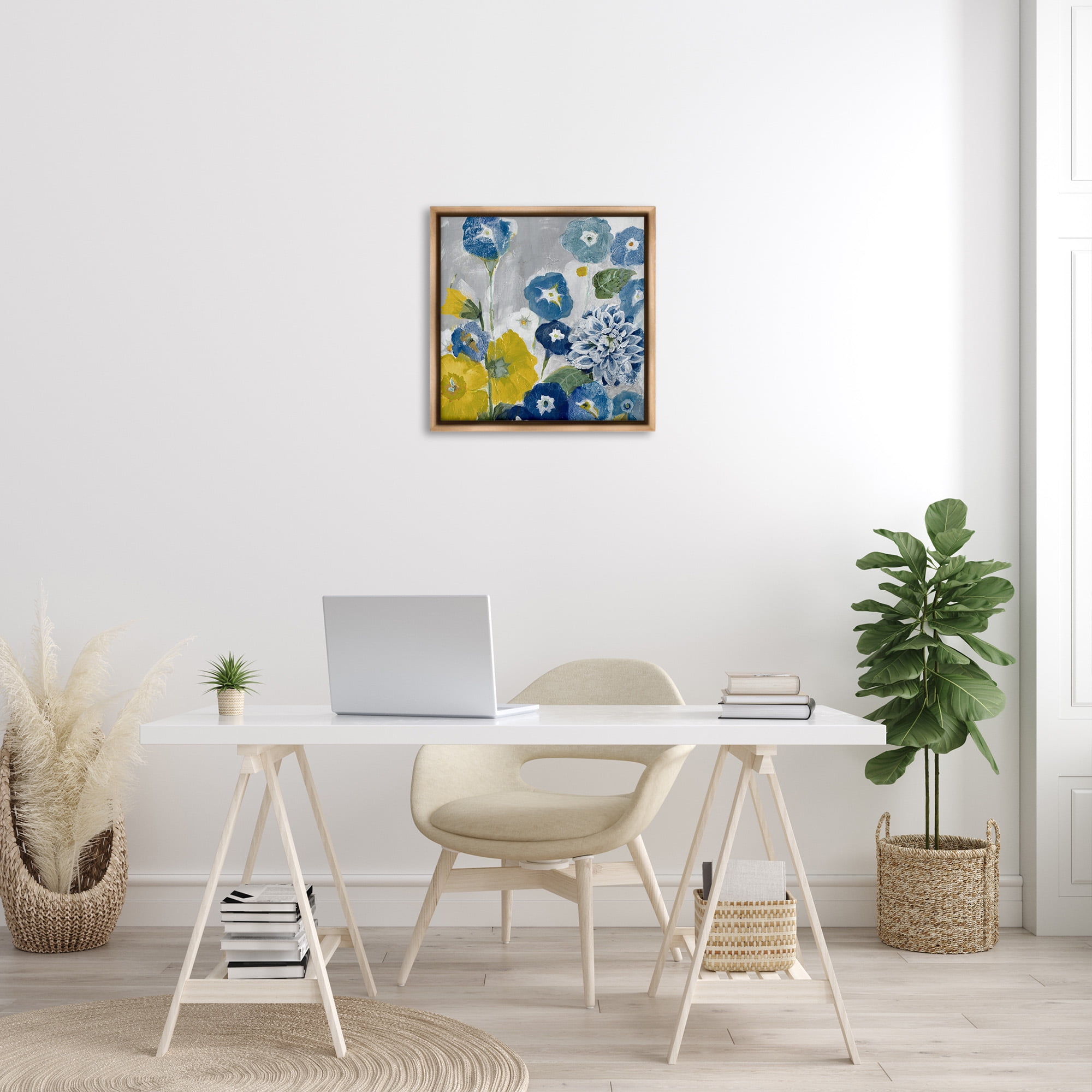 Stupell Industries Blue & Yellow Abstract Poppies Botanical & Floral Painting Brown Floater Framed Canvas Art Print Wall Art, 25 x 25