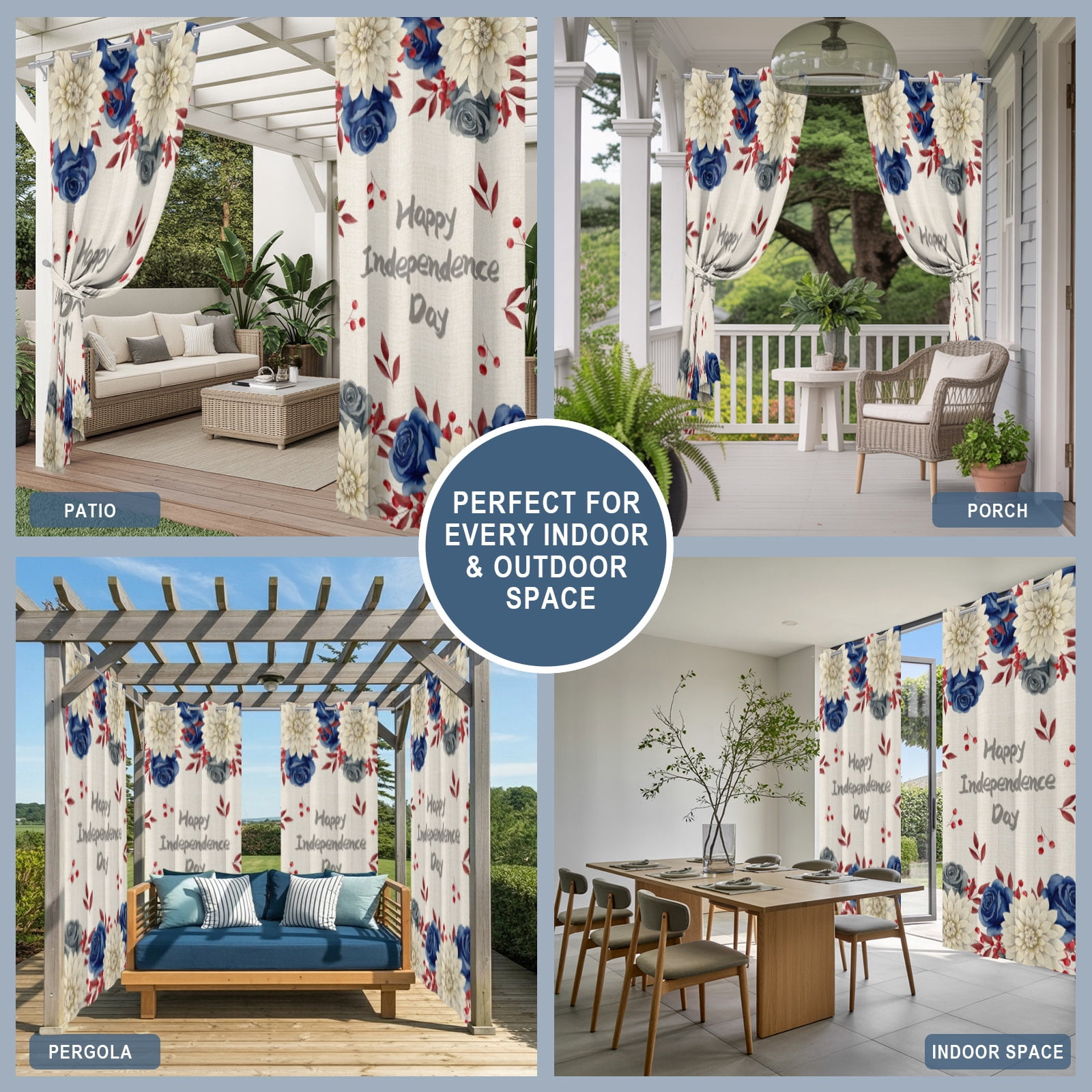 Happy Independence Day Outdoor Curtains for Patio, Red Blue Rose Dahlia Floral Rustic Sunshade Privacy Drapes Grommet Waterproof Outside Curtains for Porch/Cabana/Balcony 54"x 108", 1 Panel