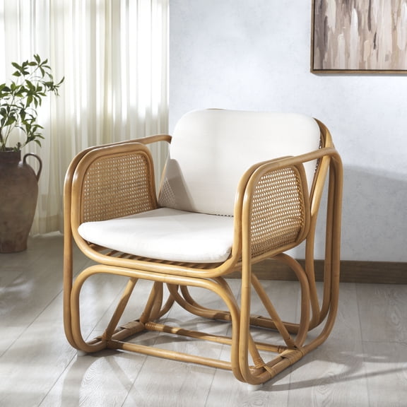 Safavieh Brauner Modern Rattan and Fabric Dining Arm Chairs, Natural/White