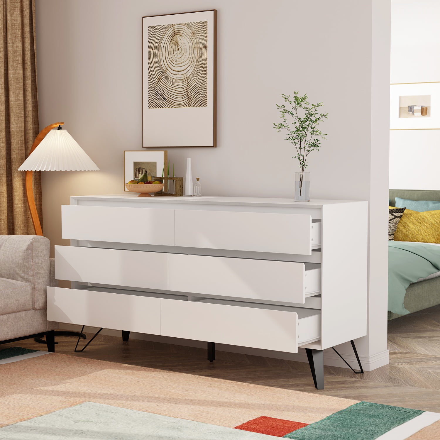 Timechee 6 Drawer Dresser for Bedroom, Chest of Drawers with Meatal ...