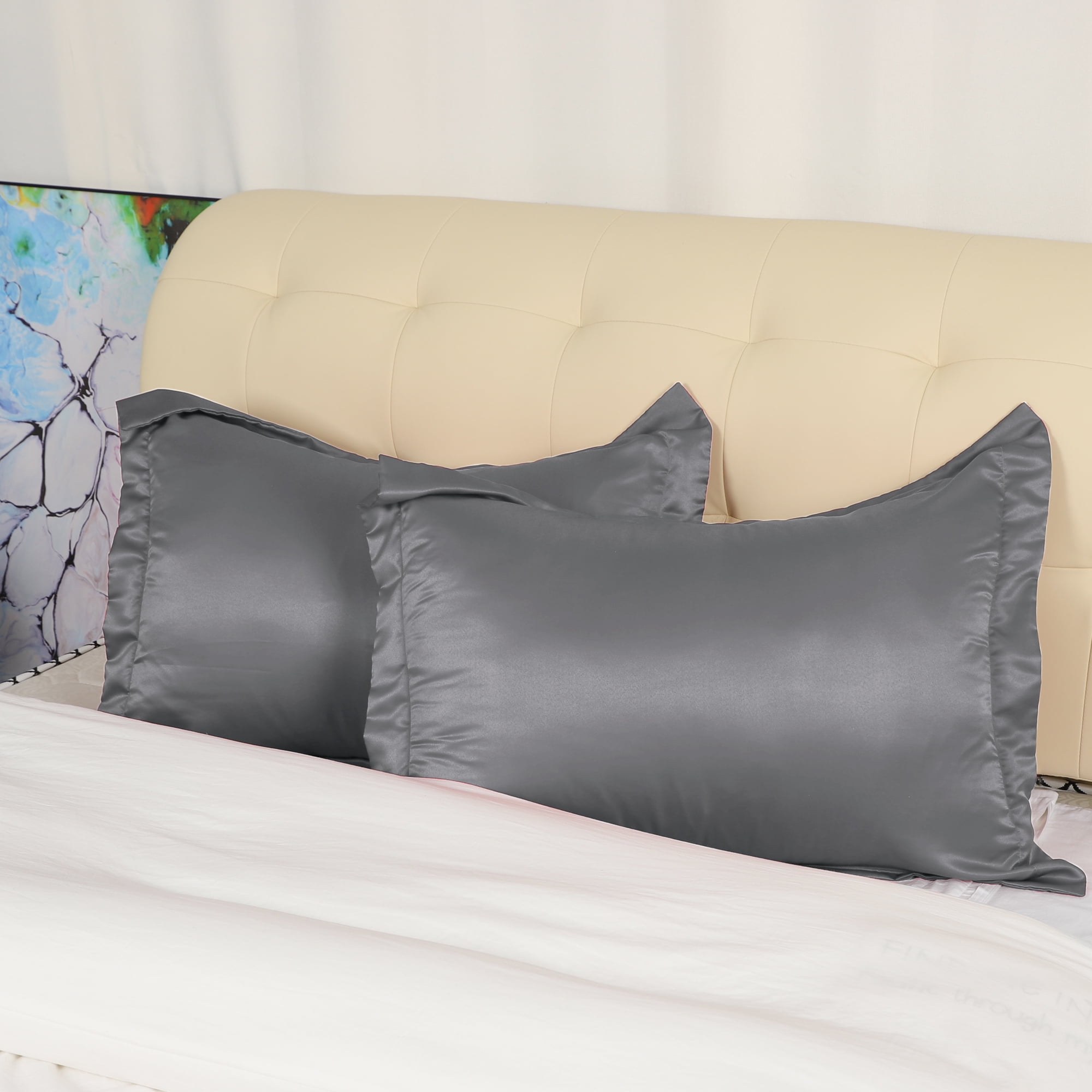 PiccoCasa 2pcs Silky Satin King Size Pillow Shams, 20x36 inch Deep Grey