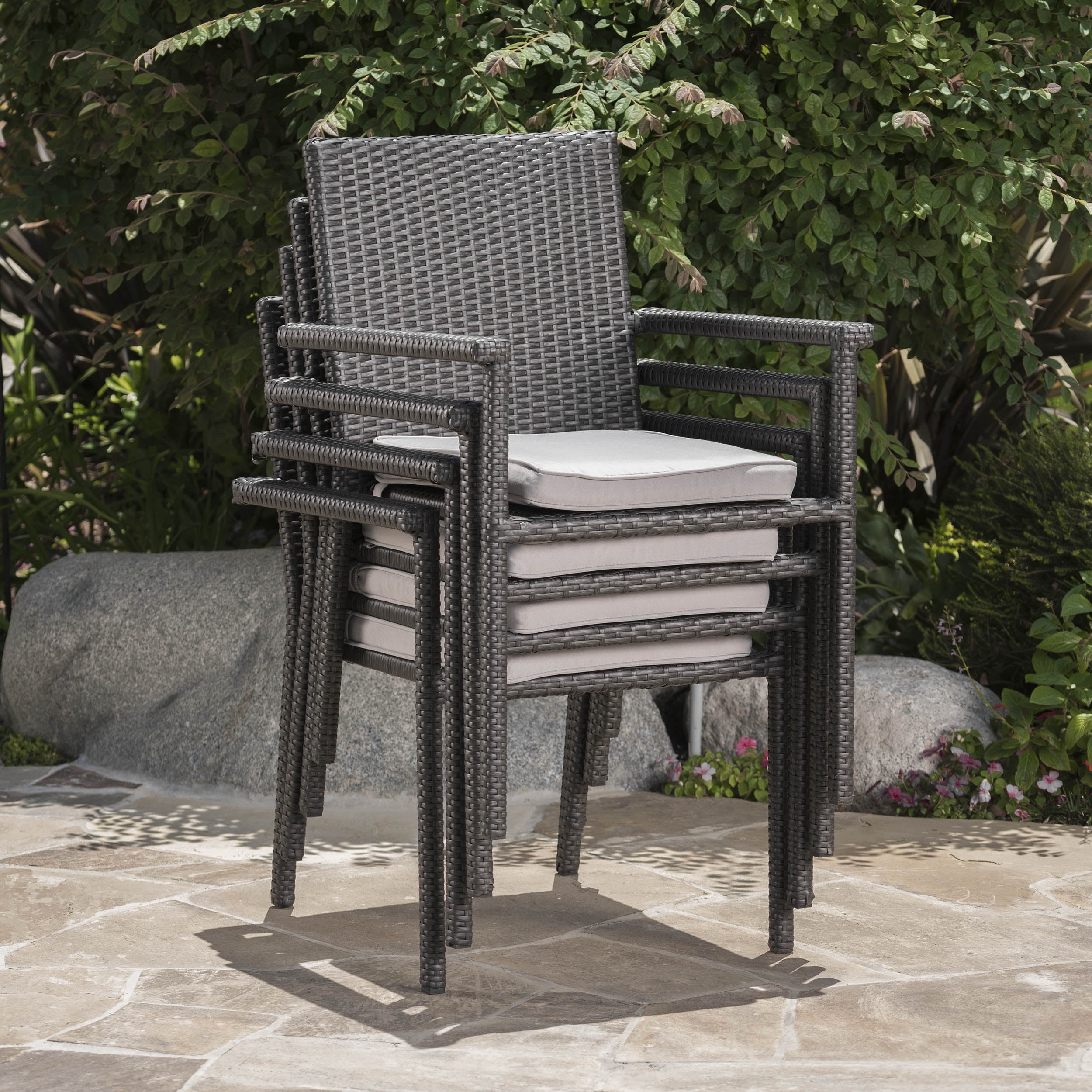 Porto Outdoor 5 Piece Square Wicker Dining Set with Cushions, Grey, Silver
