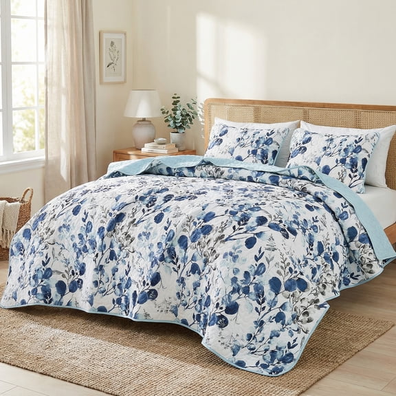 Regency Heights Full/Queen Botanical Quilt Set, 3-Piece Reversible Floral Summer Quilt Coverlet Bedding Set, Blue Quilted Bedspread with Shams for All Season