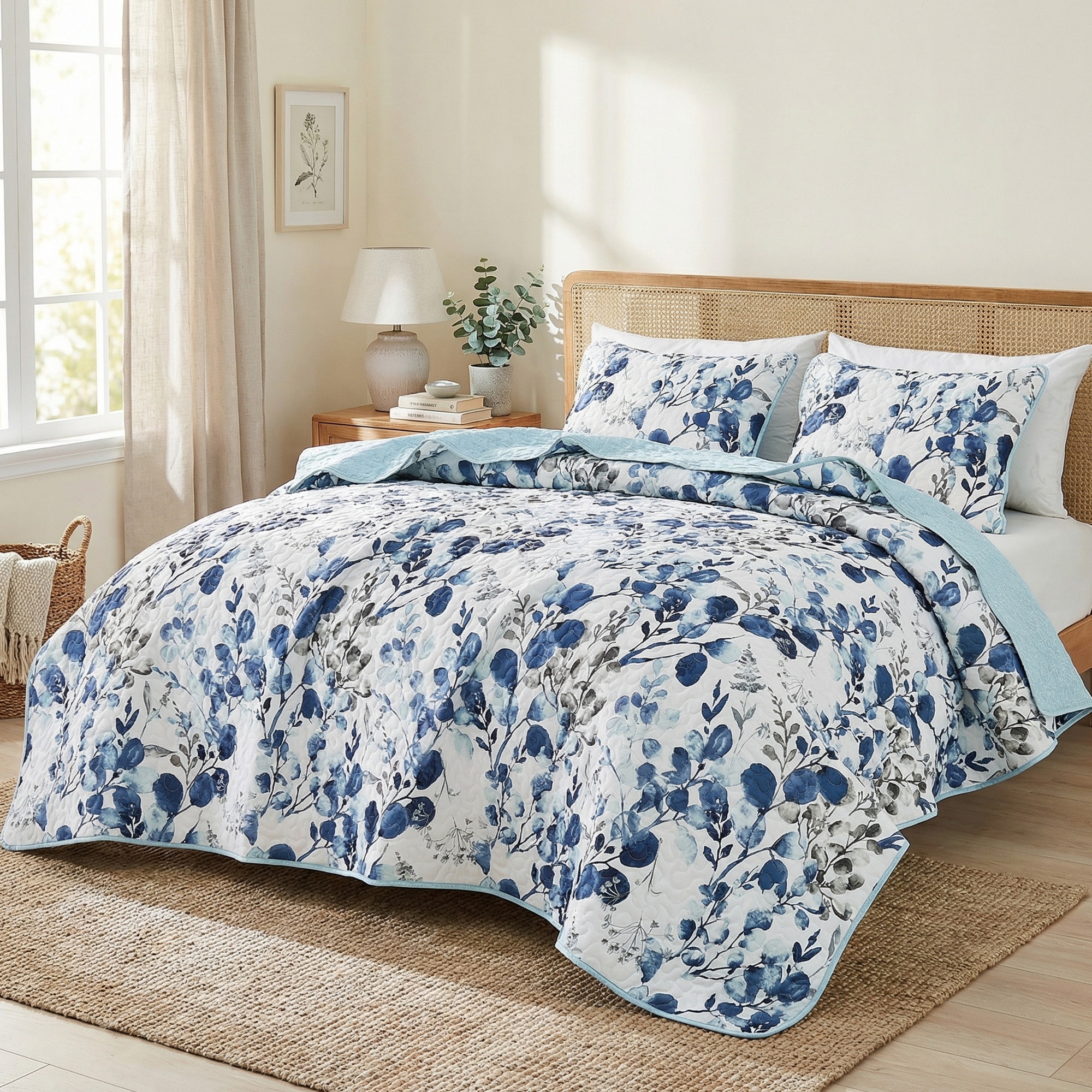 Regency Heights Full/Queen Botanical Quilt Set, 3-Piece Reversible Floral Summer Quilt Coverlet Bedding Set, Blue Quilted Bedspread with Shams for All Season