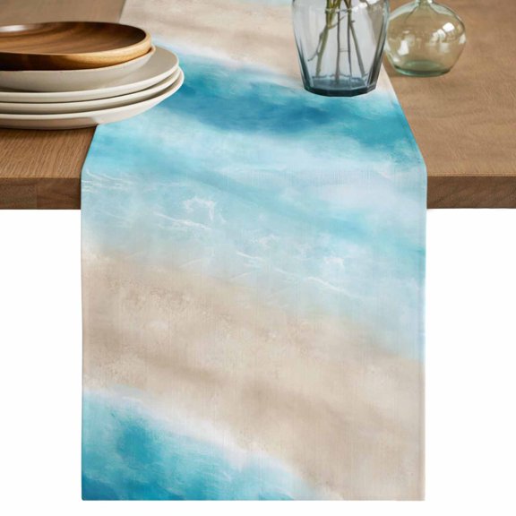 Blue Coastal Table Runner 120 Inches, Beach Nautical Seaside Ocean Beige Bed Runner Dresser Scarves Tabletop for Indoor Outdoor Parties/Ceremony/Banquet, 13"x 120"
