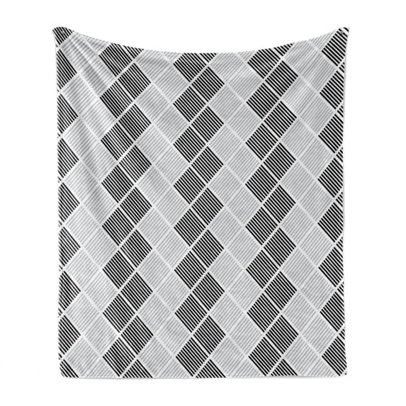 Geometric Soft Flannel Fleece Blanket, Minimalist Abstract Symmetric Lines Square Diamond Parallel Bars Urban, Cozy Plush for Indoor and Outdoor Use, 50" x 60", Pale Grey White Black, by Ambesonne