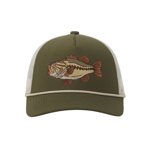 Olive/Putty Bass 5-Panel Fishing Cap – Structured, Embroidered, Snapback, One Size