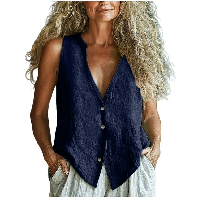 WZXFASHION Débardeur Sans Manches en Coton et Lin pour Femmes, Col en V Profond, Veste Décontractée, Liquidation