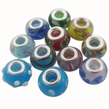 - 100 pcs Handmade Lampwork European Beads, Large Hole Beads, with Double Silver Color Brass Cores, Rondelle, Mixed Color, 13~17x10mm, Hole: 5mm