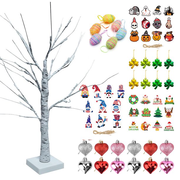 Luz de árbol de abedul con adornos colgantes, luz cálida para decoración de fiestas y festivales