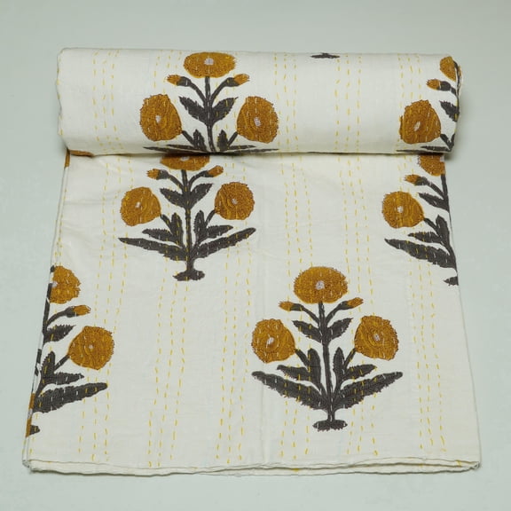 Mustard Floral Block Print Indian Kantha Quilt â€“ Soft Cotton Bedspread, Handmade Blanket for Cozy Home