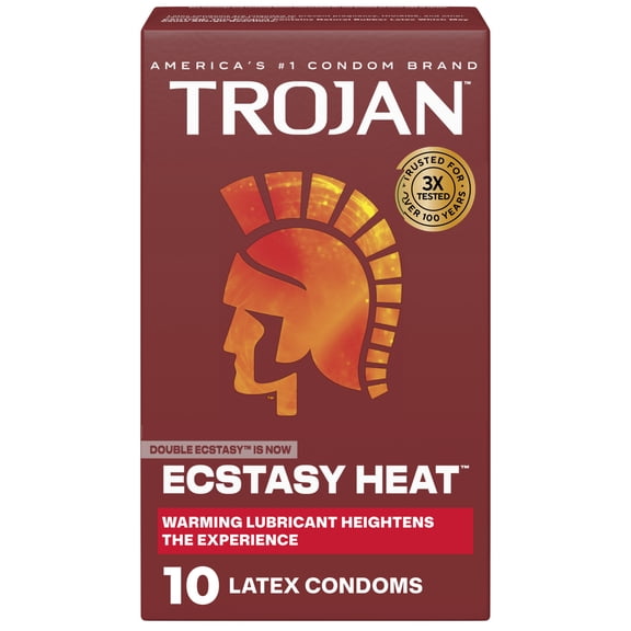 Trojan Ecstasy Heat Latex Lubricated Ribbed Condoms with Warming Lubricant, 10 Count