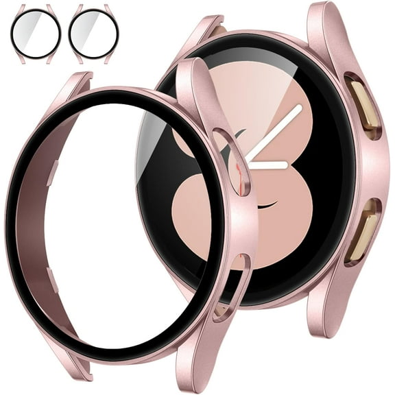 [2Pack for Samsung Galaxy Watch 5 2022/4 2021 Screen Protector Case 44mm Accessories, Protective Face Cover Built-in Tempered Glass Film Bumper Case (44mm, Pink Gold)
