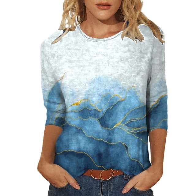 IROINNID T-shirt à Manches Longues en Polyester pour Femmes, T-shirt Imprimé de Loisirs, Blouse Mi-Longue, Col Rond, Bleu Ciel