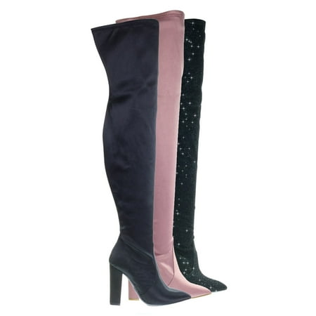 Glitter Thigh High Platform Boots - Madam07 by Bamboo, Stretchy Chunky Block Heel Thigh High OTK, Over-The-Knee Pointy Toe Boot
