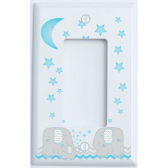 Blue Elephant Light Switch Plate and Outlet Covers with Blue Moon and Stars/Elephant Nursery Decor with Grey and Blue Chevrons.