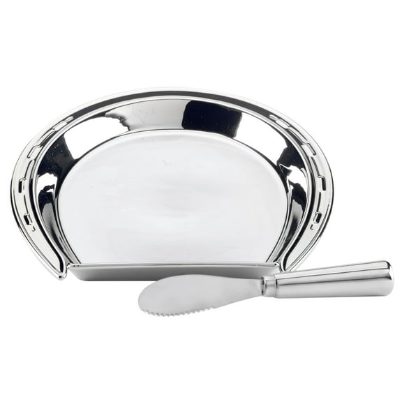 Certified International  Derby Day at the Races Silver Plated 3-D Horseshoe Cheese Plate with Knife - 8.5" x 9.5" x 1"