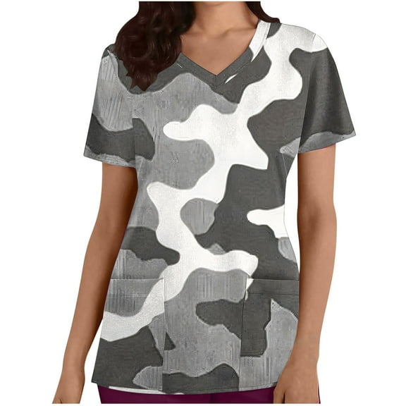Xfvqtps Scrub Tops for Women Camouflage Soft V-Neck Scrub Top Comfortable Nursing Uniforms Camouflage Printed Short Sleeve Workwear Tops Working Uniforms with Pockets Olive Green