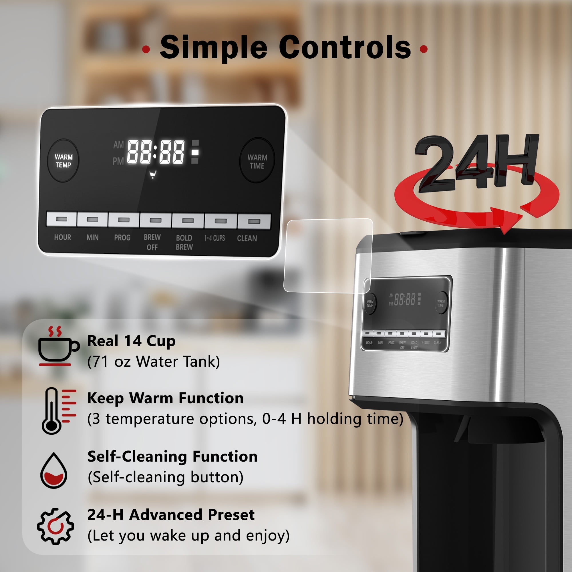 Auseo 14-Cup Programmable Drip Coffee Maker,  Tea maker - 24Hr Brew Scheduling, Bold Brew & Self-Cleaning, 1050W Fast Brewing w/Large Glass Carafe & Reusable Filter for Home/Office (Stainless Steel)