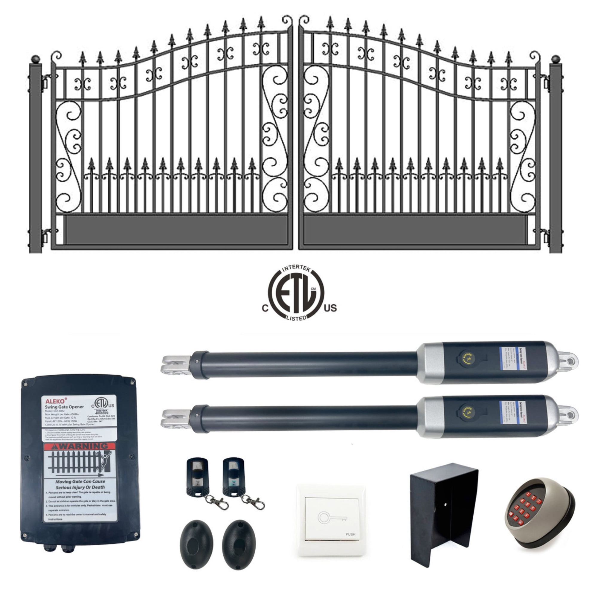 ALEKO 12 ft. Venice Style Dual Swing Steel Driveway Gate with ETL Gate Opener, Black