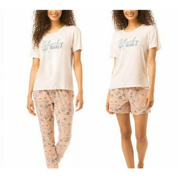 Lucky Brand Ladies 3-piece Pajama Set, Top/Pant/Short set (Pink Floral, Large)