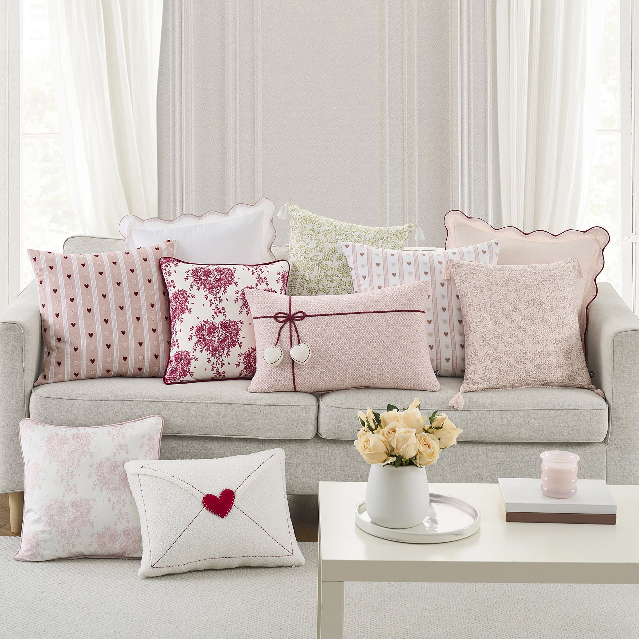 My Texas House 20" x 20" Marna White/Pink Hearts Cotton Decorative Pillow Cover