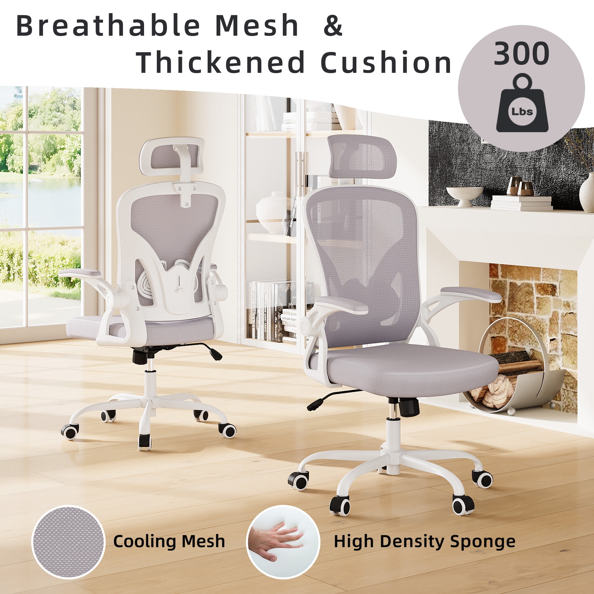 MAYEERTY Ergonomic Home Office Chair with Headrest, Flip-Up Armrests, Adjustable Lumbar Support, White-Gray