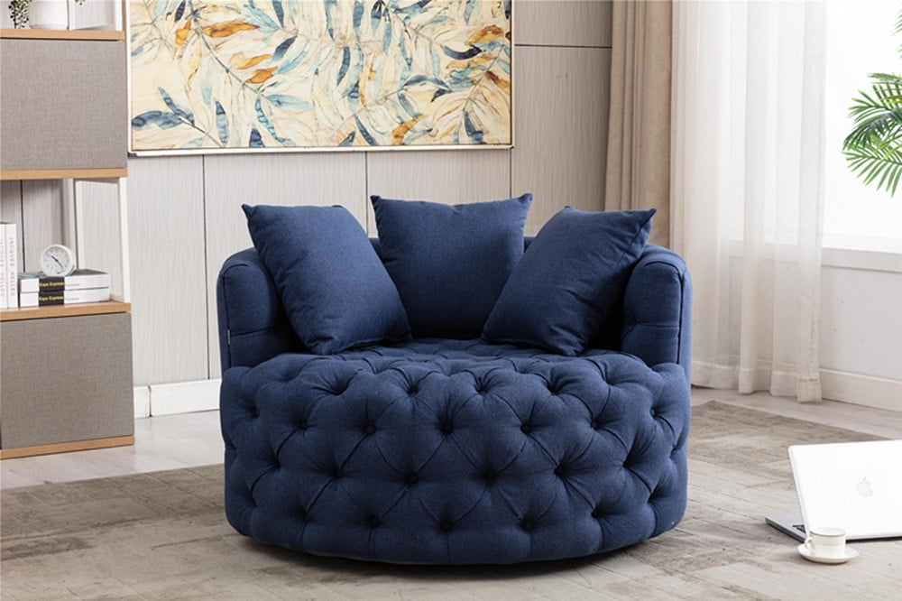 Swivel Barrel Chair, Linen Round Oversized Accent Chair with 3 Pillows ...