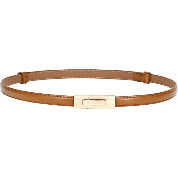 czcpp-Skinny Leather Belts for Women Slim Waist Belt Patent Leather with Gold Buckle for Dress