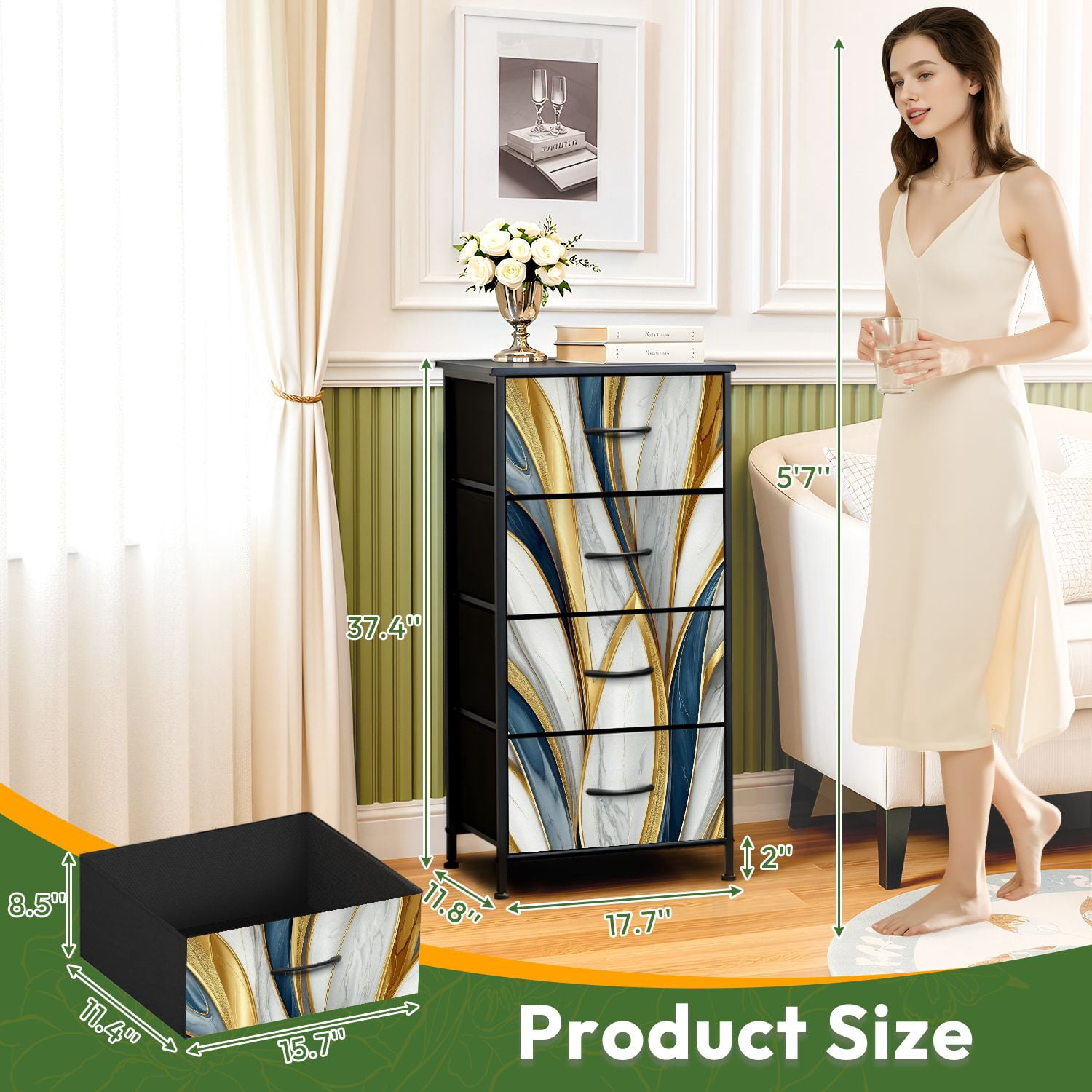 Kanworse 4 Drawer Fabric Dresser for Bedroom Abstract luxury marble art marbling Chests of Drawers for Closet Organizers Storage
