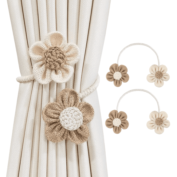Curtain Tiebacks 2 Pack, Boho Decorative Curtain Holdbacks for Drapes, No Drilling Sunflower Window Tie Backs for Home Bedroom, Cream Khaki