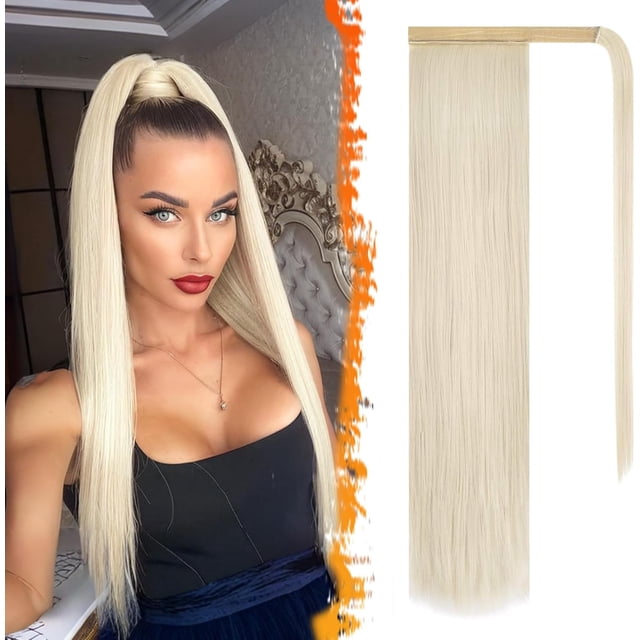 BARSDAR Extension de Queue de Cheval Droite Enveloppante Ivoire Blanc - Queue de Cheval Droite Enveloppante de 20 Pouces de Long pour Femmes, Extensions de Queue de Cheval Synthétiques à Clip, Postiches Queue de Cheval Blonde Ivoire