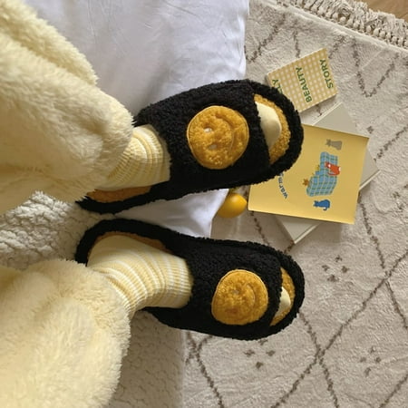 

CoCopeaunt Winter New Kawaii Cartoon Ladies House Fur Slippers Open-Toe Bedroom Cute Smiley Pattern Home Women Fluffy Slippers Slides