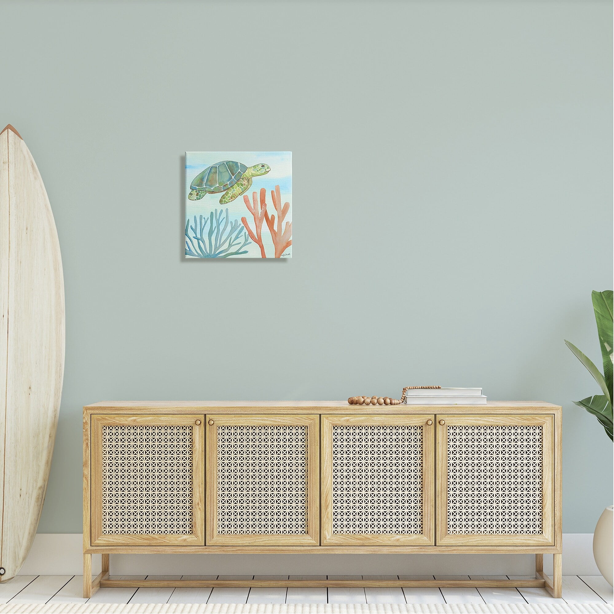 Stupell Industries Green Sea Turtle Floating Underwater Ocean Coral Canvas Wall Art, 24 x 24, Design by Katie Doucette