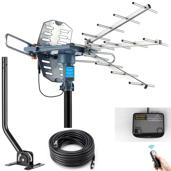 PBD Digital Outdoor TV Antenna, 150 Miles Range, 360° Rotating Directional Motor with Remote Control, Dual TV Support, Mounting Pole, 40FT RG6 Ca