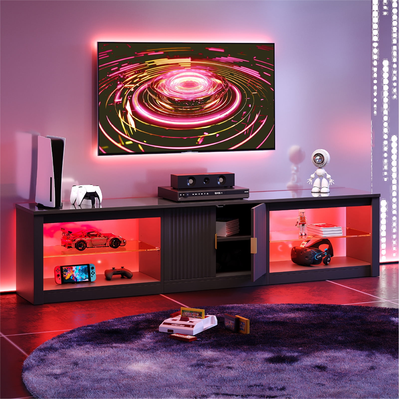 Bestier 80 inch TV Stand for TVs up to 85", High Gloss Entertainment Center with LED Lights & Storage Cabinet, Modern Fluted TV Console, Black