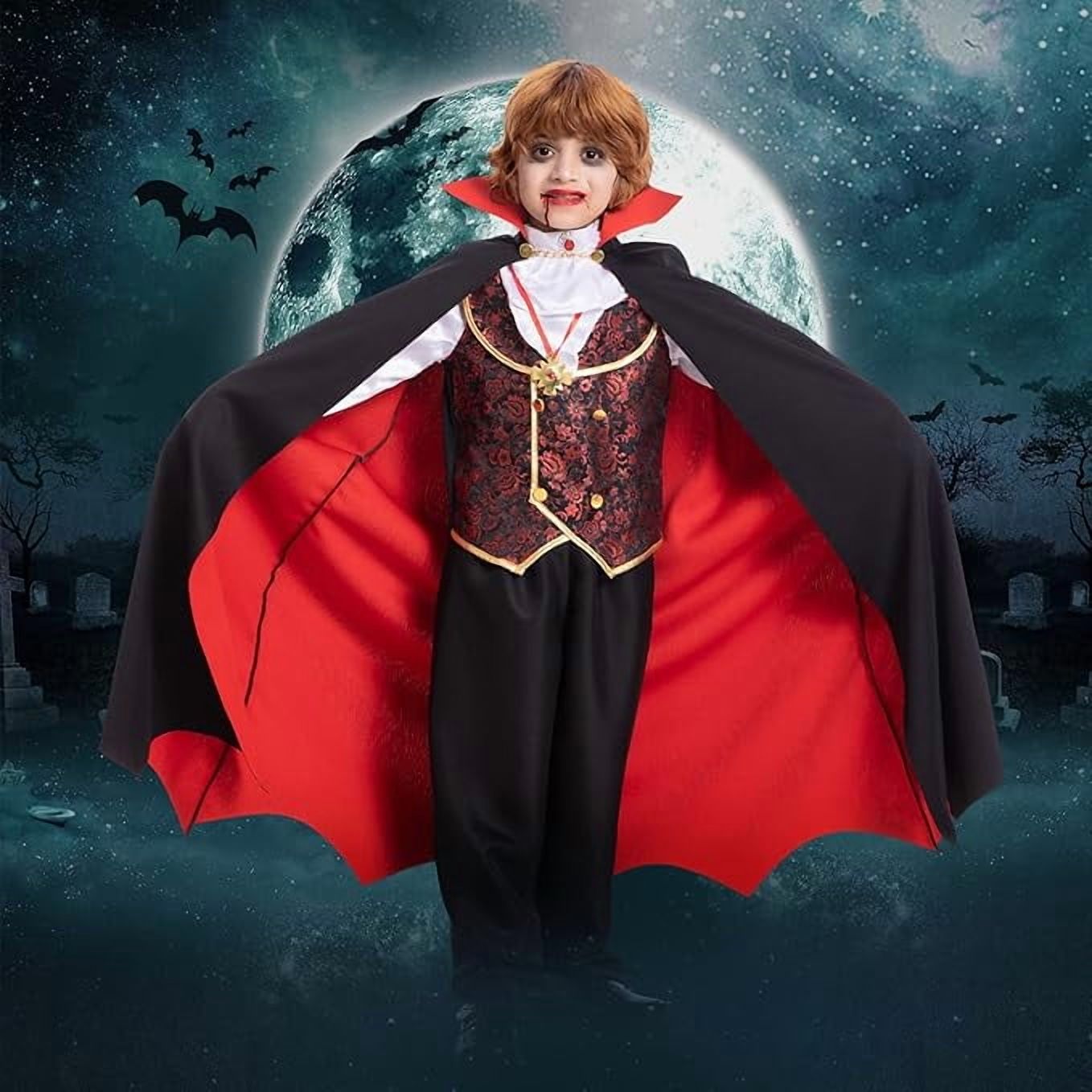 Costume De Vampire Complet - Cape Noire 90 Cm Avec Dents Et Pilules De Sang - Pour Halloween, Carnaval, Cosplay - Adulte Et Enfant - 8