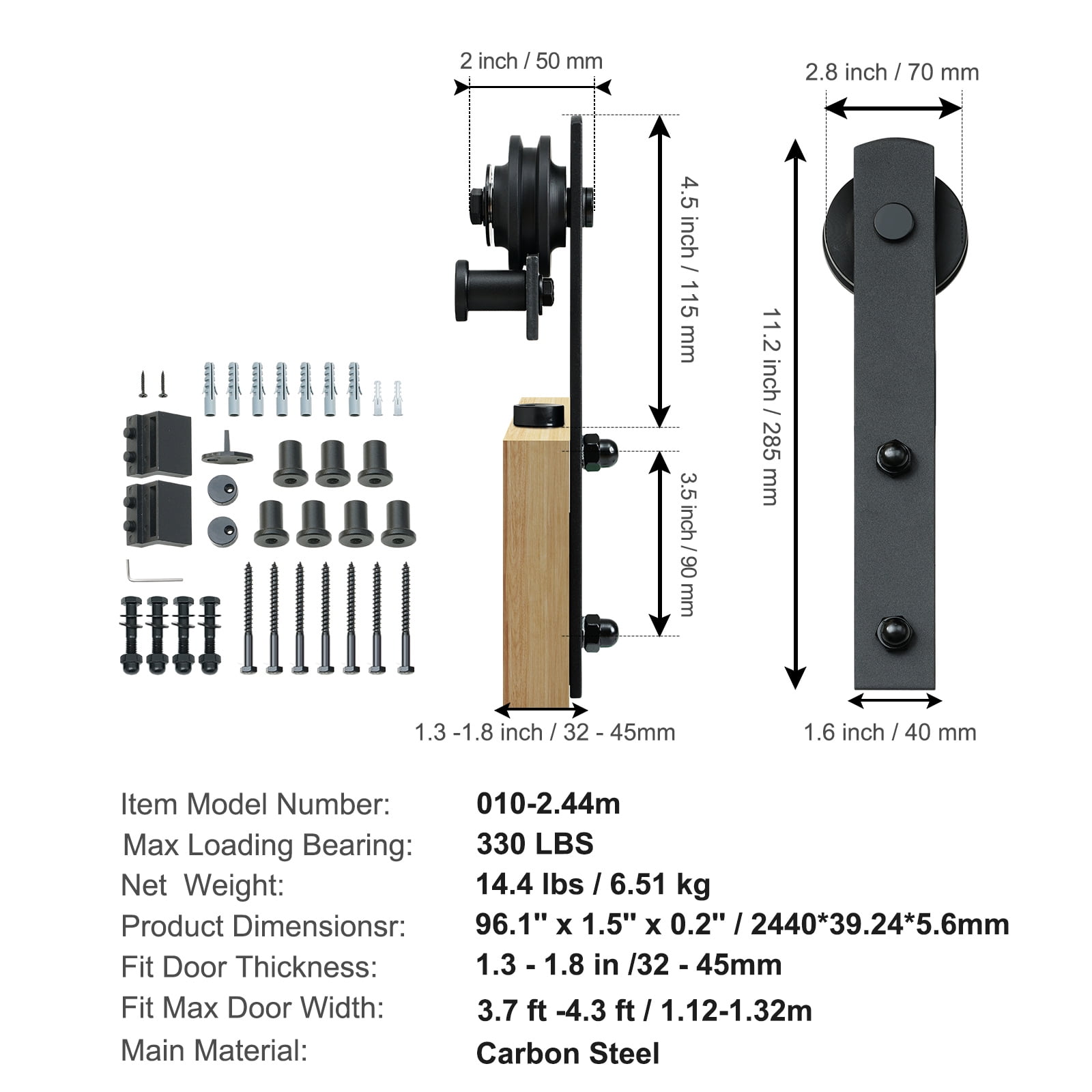 SKYSHALO 8FT Sliding Barn Door Hardware Set, Supports Up to 330LBS, Durable Track System for Single Door, Compatible with 3.7-4.3FT Width & 1.3"-1.8" Thickness Door Panels, Includes Quiet Rollers