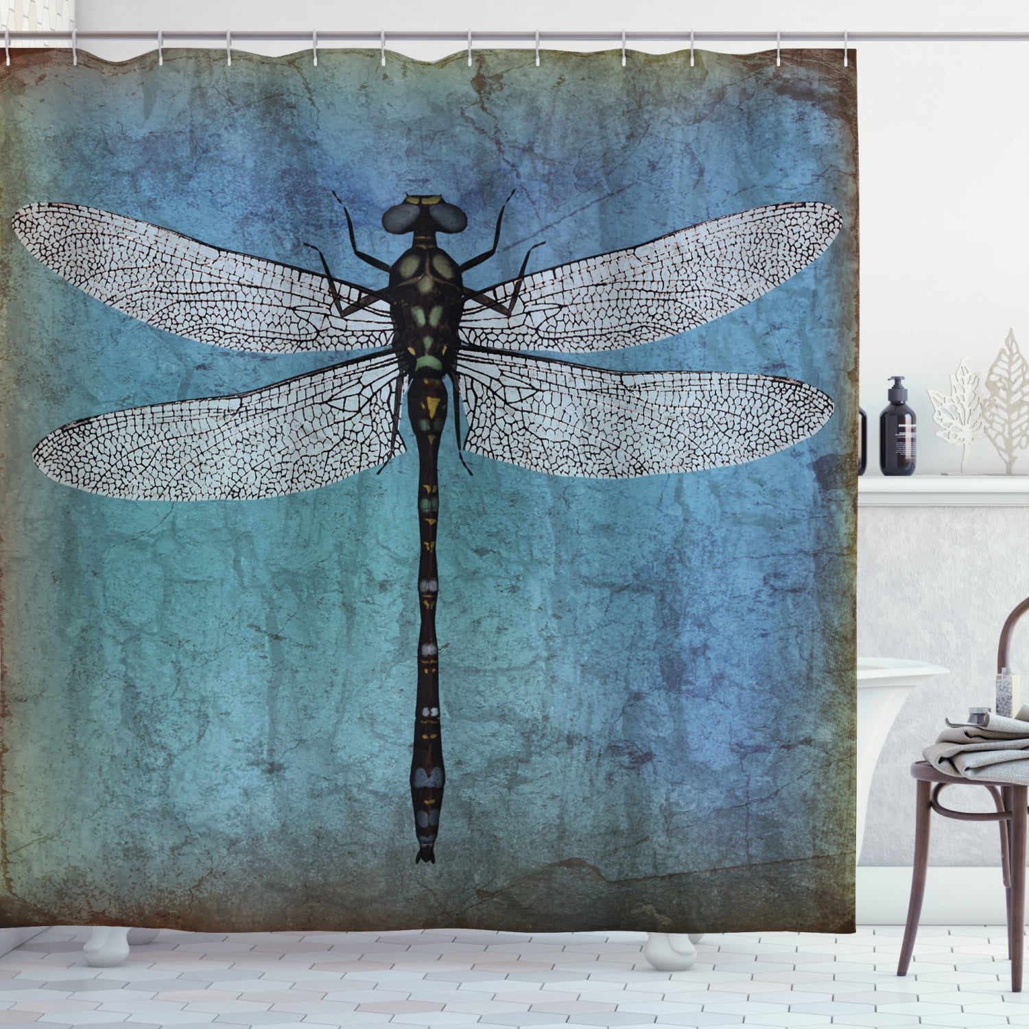 Dragonfly Shower Curtain, Grunge Vintage Old Backdrop and Dragonfly Bug