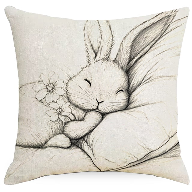 Easter Pillow Covers Linen Sleeping Bunny Sketch Decorative Throw Pillowcase 45X45Cm for Spring Home Decor