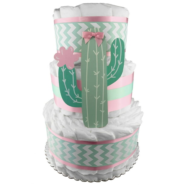 Cactus 3 Tier Diaper Cake For A Girl 62 Diapers Baby Shower Gift Centerpiece Mint And Pink Walmart Com