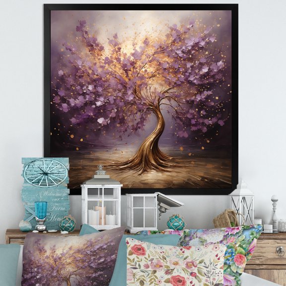 Designart "Essence of the Purple Magic Tree" Landscapes Framed Wall Art Decor - Country Purple Tree Hallway Framed Wall Art Decor