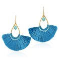 thumbnail image 3 of Chic Fan Shaped Blue Tassels with Turquoise Bead Accent Brass Dangle Earrings, 3 of 4