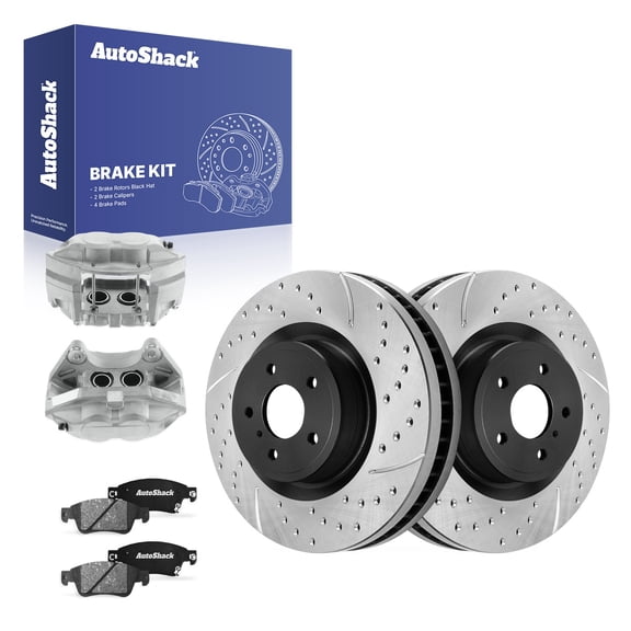 AutoShack Front Drilled & Slotted Brake Rotors Ceramic Brake Pads Calipers | Replacement for 2009-2010 INFINITI G37 2014 Q60 3.7L V6 AWD RWD | E-Coated | 8-PC Brake Kit | ShadowGuard