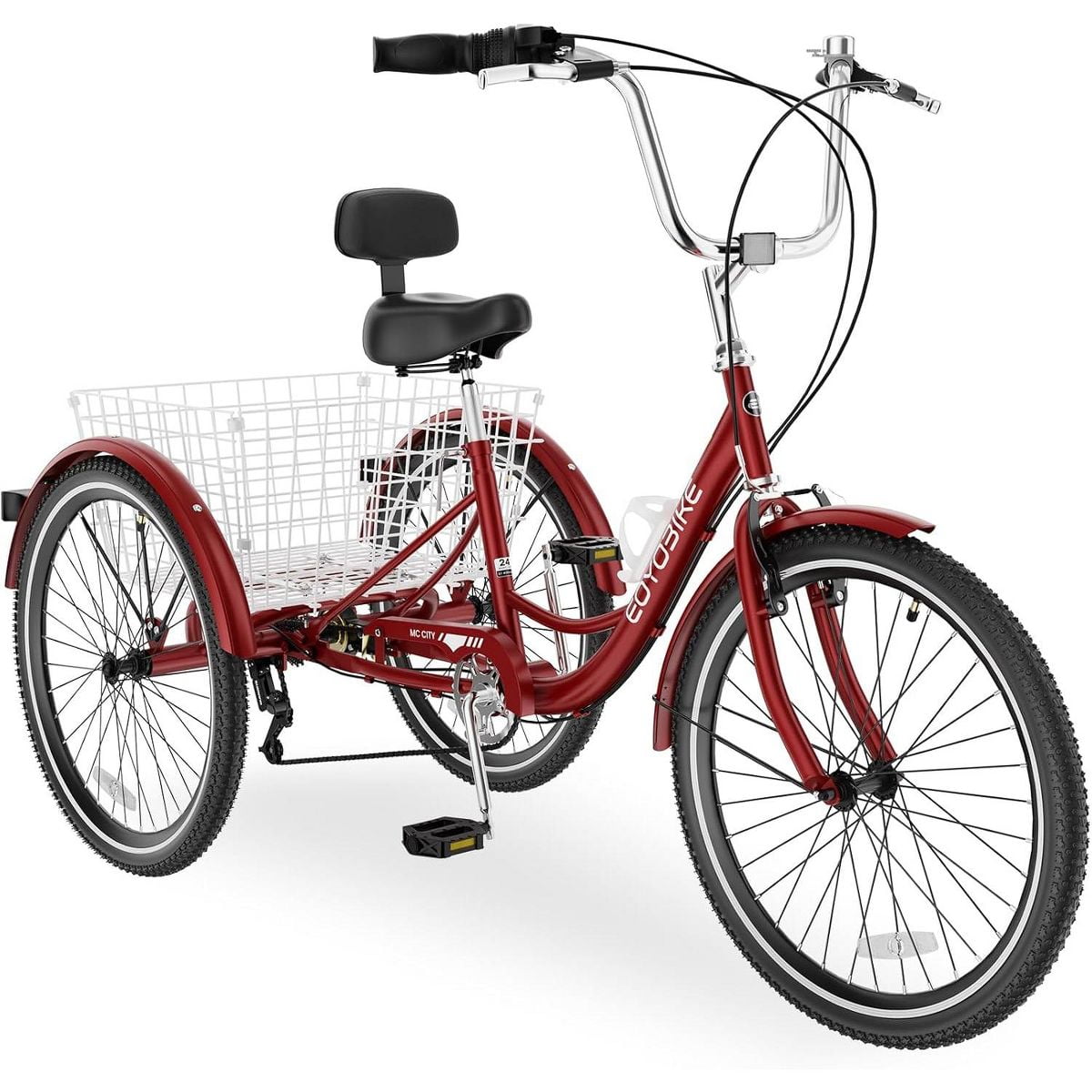 MOPHOTO Adult Tricycle with 24" Big 3 Wheels,Three Wheel Cruiser Bikes with Large Basket & Bell (Red,7-Speed),3 Wheel Bicycle