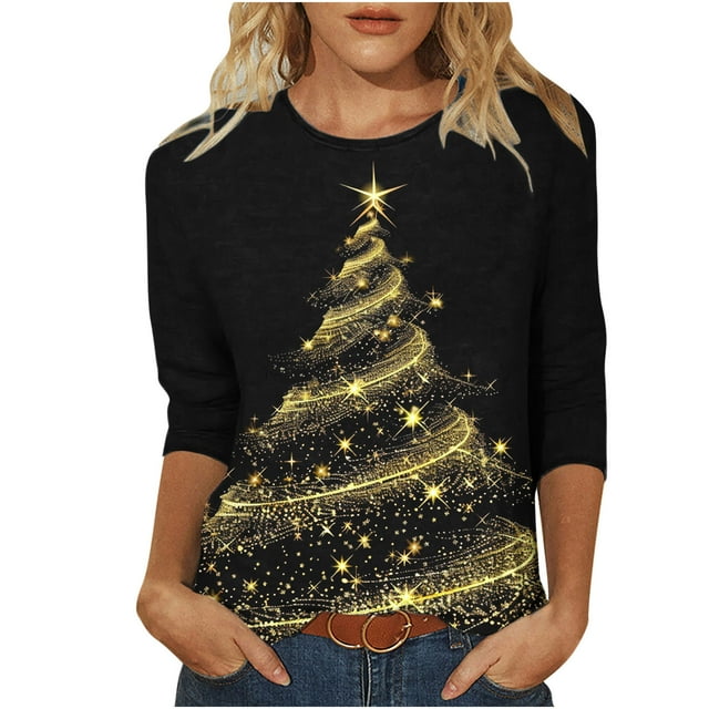 Liquidation Staron T-Shirts de Noël pour Femmes Col Rond Chandail à Imprimé Arbre de Noël Manches 3/4 Blouses Amples de Noël T-Shirts Laids et Fluides Noir P